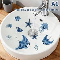 Creative Blue Tone Marine Life Glass Sticker Bathroom Sink Decorative Decal Wall Sticker Self-Adhesive Removable Home Decoration