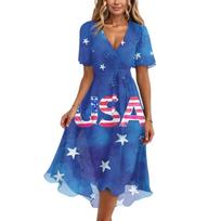 Women’s V Neck Short Sleeve Midi Dress with Abstract Print and Asymmetrical Hem for Casual or Daily Wear L mėlyna