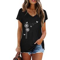 Fashion Spring  Dandelion Print Blouses Short Sleeved V-Neck T Shirts Casual XS juoda