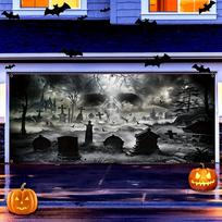 2D flat banner 1PC Halloween garage banner, eerie cemetery and giant skull design, Halloween horror party home wall decoration 100x150cm