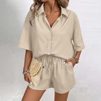 Women’s Short Sleeve Button Down Shirt and Elastic Waist Shorts Two Piece Set Casual Loose Fit Outfit M chaki