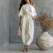 Women's Casual Two Piece Set Loose Fit Off Shoulder Top with Pocket and Relaxed Fit Pants Comfortable Everyday Wear XXL balta