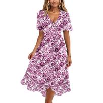 Women’s V Neck Short Sleeve Floral Print Midi Dress Lightweight Chiffon A Line Summer Casual Dress for Daily Wear M violetinė