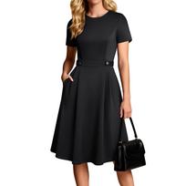 Women’s Casual Short Sleeve Midi Dress with Crew Neck and Button Waist for Everyday and Office Wear XXL juoda