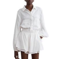 2 Pcs/Set Women Set Shirring Elastic Lace-up Long Waist Pleated Pants Shirt Shorts Bubble Sleeve Single-breasted 2XL balta