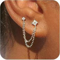 18K Gold Plated Square Ear Cuff and Chain Zircon Stud Earrings Set - Three Pieces