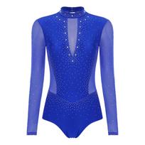 S-XXL Moteriškas gimnastikos ir dailiojo čiuožimo maudymosi kostiumas ilgomis rankovėmis, atviru nugara, tinklinėmis detalėmis, blizgučiais ir cirkonio akmenukais, baletui, sportinių šokių varžyboms S karališkos mėlynos spalvos