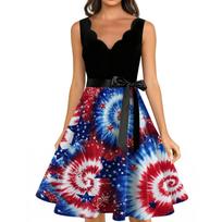 Sleeveless Scalloped Neckline Fit and Flare Dress with Star Print and Ribbon Waistband for Women Vintage Style M mėlyna