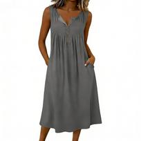 Women’s Loose Fit Sleeveless V Neck Button Front Casual Dress with Pockets Comfortable Relaxed Style for Daily Wear S