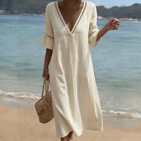 Women Cotton Linen Midi Dress Half Sleeve Lace V Neck A Line Relaxed Fit Casual Beach Vacation Dress with Pockets XL smėlis