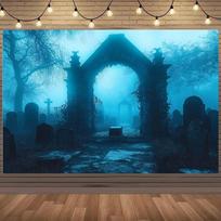 1 set of Halloween eerie cemetery background with arches  grave tablets  and fog trees - silk photography background 150X100