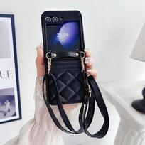 Odinis rankinis telefono dėklas Samsung Galaxy Z Flip 6 5 4 3 Flip6 Flip5 Flip4 Flip3 piniginei su kortelių laikikliu, apsauginis dangtelis For Galaxy Z Flip5 juoda