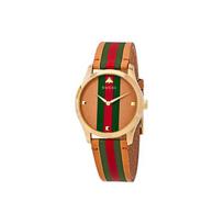 Gucci G-Timeless serijos laikrodis Kvarcinis mechanizmas Odinis dirželis Rudas ciferblatas Vintažinė raudona ir žalia bitė Unisex laikrodžiai YA1264077 Brand-New Out of Warranty