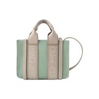 Chloe Woody Logo Embroidered Solid Color Linen Canvas And Glossy Calfskin Tote Bag Shopping Bag Shoulder Crossbody Handbag Mini CHC23-SP237J27-37J Basic Set (Bag+Dust Bag)