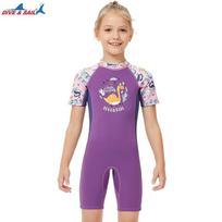 Kids 2.5mm Neoprene Wetsuit Snorkeling Swimming Surfing Warm Full-Body Dive Suit Girls Purple Cartoon Design Small violetinė
