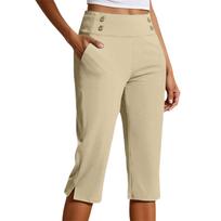 Women High Waist Capri Pants with Pockets Split Hem Casual Sport Fitness Yoga Cropped Pants for Activewear L smėlis