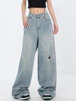 Summer American Retro Straight Trousers Women Vintage Hole Washed Loose Jeans Female Korean Fashion Design Casual Wide Leg Pants S mėlyna