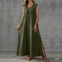 Sleeveless V Neck Maxi Dress for Women Loose Fit Casual Long Dress with Side Slit Lightweight Linen Fabric XL