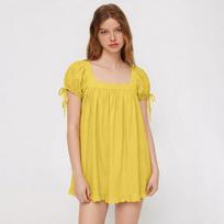 Women Square Neck Ruffle Hem Tie Sleeve Dress Casual Loose Fit Mini Dress with Eyelet Trim for Everyday Wear S geltona