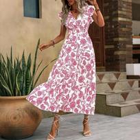 Bohemian Style Women's Summer V Neck Waist Cinched Floral Print Maxi Dress with Short Sleeves and Ruffled Hem for Casual Wear M rožinė