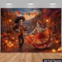 2D red long dress with a skeleton background cloth. For Halloween. Skeleton bride and groom wearing lotus flower rings. 130x150cm