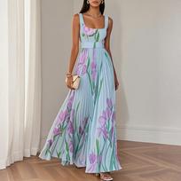 Women’s Pleated Bohemian Floral Maxi Dress with Sleeveless Design Square Neck and Flowing A Line for Summer Wear S mėlyna