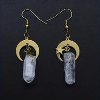 Golden Moon Pentagram Natural Stone Decor Dangle Earrings Elegant Style Alloy Jewelry Delicate Female Gift beige