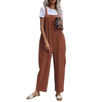 Women's Fashion Summer Bib Pants Cotton And Linen Loose Pocket Casual Jumpsuit S kava
