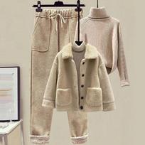 Žiemos avies pliušinis kailis Granuliuotas vilnos striukės megztinio laisvalaikio kelnės Trys dalys Mados profesionalios kelnės Kostiumas Moterys L chaki