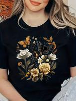 Women's Sparkling Rhinestone Butterfly T-Shirt Blue Green Glitter Print Tee Casual Crew Neck Short Sleeve Top Plus Size T Shirts M brown