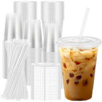 10-100 vnt. 16 oz skaidrios plastikinės stiklinės su dangteliais ir šiaudeliais Vienkartinės kavos stiklinės su dangteliais šaltai kavai, kokteiliams, gėrimams 10Set