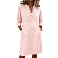 Loose Fit Long Sleeve Linen Cotton Blend Shirt Dress with Ruffle Trim V Neck Casual Everyday Wear for Women XXL rožinė