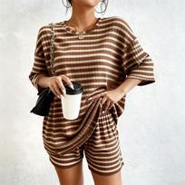 Casual Two Piece Set Women Short Sleeve Striped Top and Loose Fit Shorts Lounge Wear Summer Sleepwear Set M kava