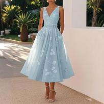 Sleeveless V Neck Floral Print Dress for Women Elegant Formal Gown Party Evening Dress with Belt Midi Length L geltona