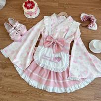 Traditional Japanese Lolita Coord Cherry Blossom Maid Dress Set Kawaii Vintage Cosplay Modern Hanfu XS