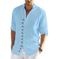 Kelių mygtukų medvilniniai lininiai marškiniai Vienspalviai ilgomis rankovėmis Henley apykaklės marškinėliai Beach Hawaii Holiday Wear Streetwear Vintažiniai viduramžių marškiniai S mėlyna