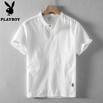 PLAYBOY Men's Pure Cotton Short Sleeve Stand Collar Shirt L balta