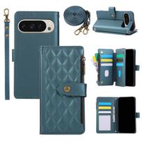 Wrist Rope Flip Stand For Google Pixel 10 9 Pro XL 8 8A 9A 7 7A  6A Crossbody Leather Zipper Wallet Card Slots Phone Case Cover Google Pixel 6a žalia