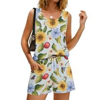 Women's Summer Casual Floral Print Tank Top Square Neck Sleeveless Sportswear With Pockets Shorts Set Lightweight Breathable Fabric XXL