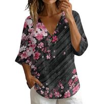 Women V Neck Vintage Floral Print Loose Fit Short Sleeve T Shirt Linen Blend Casual Top with Button Detail S raudona
