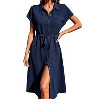 Women's Casual Button Down Shirt Dress with Waist Tie and Short Sleeves Midi Length Relaxed Fit Lightweight Fabric M tamsiai mėlyna