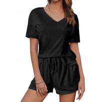 2Pcs/Set Women Summer Outfit V-neck Short Sleeve T-shirt Elastic Drawstring Waist Shorts Set S juoda