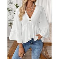 New Fashion Flare Sleeve Solid Color V-Neck Casual Shirts for Women Spring and Summer Elegant Slim Fit Women's Blouses Vintage Simple Office Lady Tops S balta