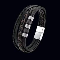 Men's Handmade Black Cowhide Leather and Titanium Steel Multi-layer Bracelet 23 cm