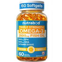 Nutrabud Omega 3 Fish Oil Capsules Triple Strength 2500mg Supplement EPA DHA Lemon Flavour Daily Wellness Pack of 1 60 Count