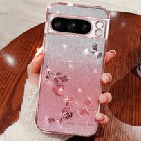 Compatible Google Phone Case: Transparent Electroplated Flower Design with Rhinestones, fits 11 Pro XL, Pixel 10A, 9. Google 11 Pro