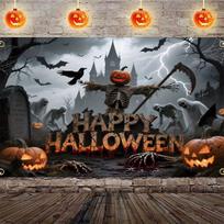 Halloween background: Colorful and eerie pumpkin, scared mouse, bat, dead tree, skull pattern Halloween wall banner 100x150cm