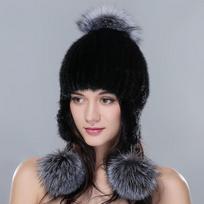 Winter Mink Fur Hat for Women Real Fur Strips Sewed Knit Beanie With Fox Fur Pompom Earflap Hats With Ear Protect Caps