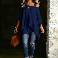 Women Casual One Shoulder Strap Top Loose Fit Layered Hem Blouse Lightweight Fabric Summer Wear L tamsiai mėlyna