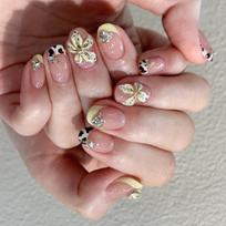 24pcs Manicure Oval False Nails French Detachable Press on Nails 3D Flower Fake Nails Women